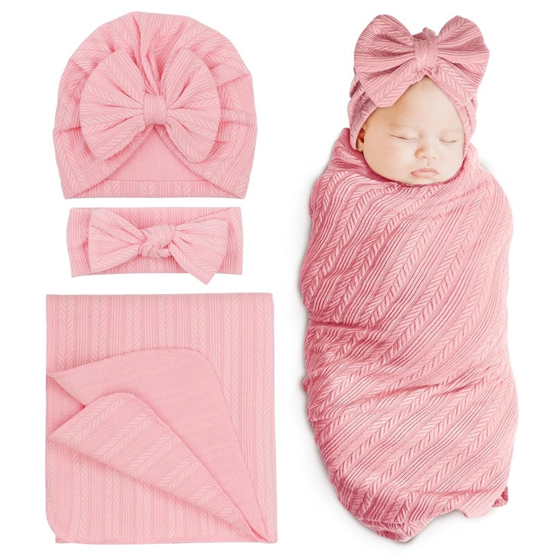 DRESHOW BQUBO Newborn Receiving Blanket Toddler Warm for Girls with Bow Hat and Bow Headband Shower Gift - Image 1